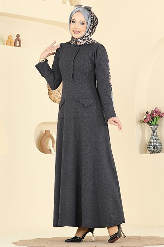 moda selvim الفستان رمادي غامق 24018UKB139 - Thumbnail