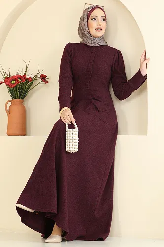 moda selvim Dress 24018UKB139 Burgundy - Thumbnail