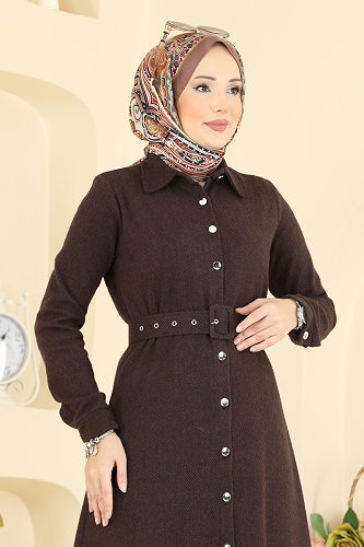 moda selvim الفستان بني 24023UKB139 - Thumbnail