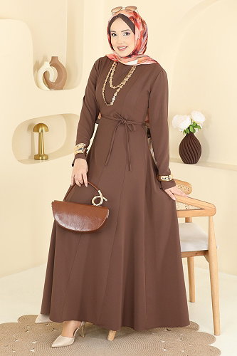 moda selvim الفستان بني 24034UKB139 - Thumbnail