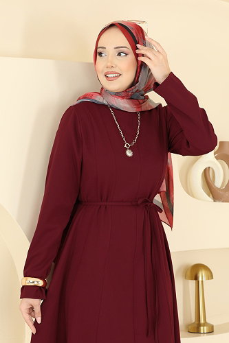 moda selvim Dress 24034UKB139 Burgundy - Thumbnail