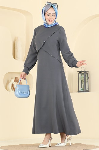 moda selvim الفستان رمادي غامق 24036UKB139 - Thumbnail