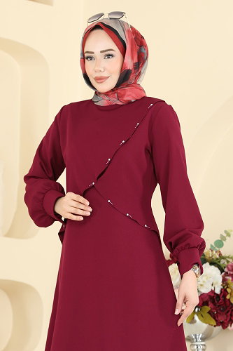 moda selvim Dress 24036UKB139 Burgundy - Thumbnail