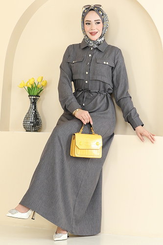 moda selvim الفستان رمادي غامق 24038UKB139 - Thumbnail