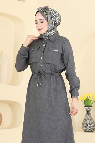 moda selvim الفستان رمادي غامق 24038UKB139 - Thumbnail