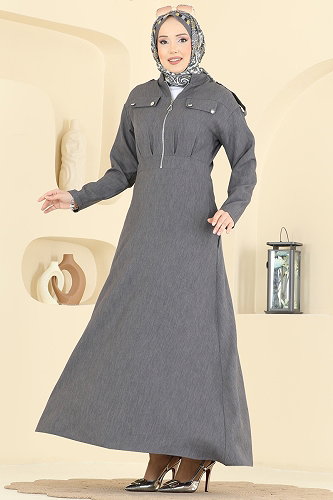 moda selvim الفستان رمادي غامق 24039UKBK1160 - Thumbnail