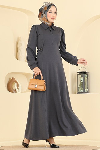 moda selvim الفستان رمادي غامق 24051UKBK1160 - Thumbnail