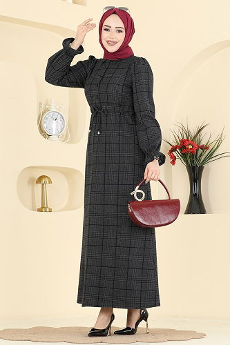 moda selvim الفستان رمادي غامق 24092UKBK1160 - Thumbnail