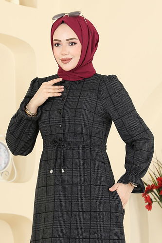 moda selvim الفستان رمادي غامق 24092UKBK1160 - Thumbnail