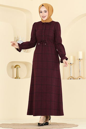 moda selvim Dress 24092UKBK1160 Burgundy - Thumbnail