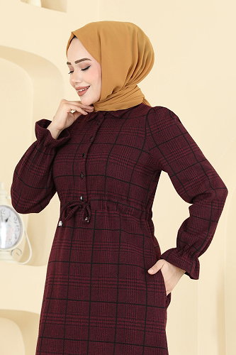moda selvim Dress 24092UKBK1160 Burgundy - Thumbnail