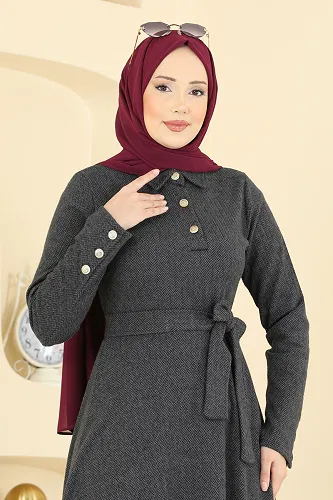 moda selvim الفستان رمادي غامق 24097UKBK1160 - Thumbnail