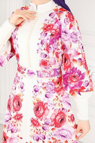 moda selvim Dress 2410JNF844 Pomegranate Flower&Ecru - Thumbnail