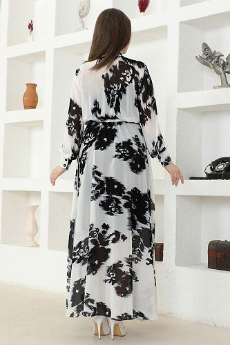 moda selvim Dress 2413JNF844 Ecru&Black - Thumbnail