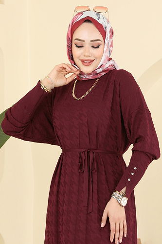 moda selvim Dress 241420TPK1167 Burgundy - Thumbnail