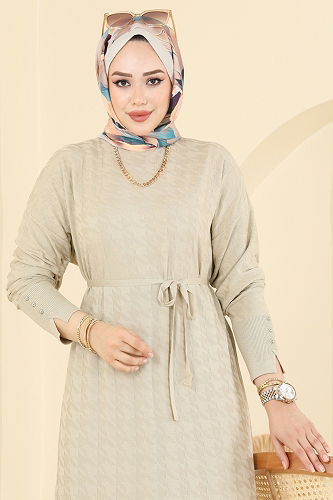 moda selvim Dress 241420TPK1167 Stone - Thumbnail