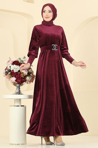 moda selvim Dress 2414MEY846 Burgundy - Thumbnail