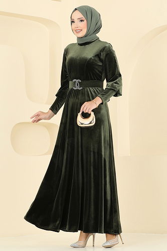 moda selvim الفستان اخضر عفني 2414MEY846 - Thumbnail