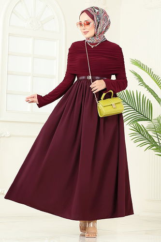 moda selvim Dress 2421ANT466 Burgundy - Thumbnail