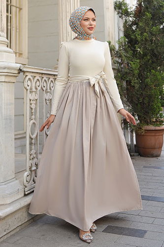 moda selvim Dress 2423ANT466 Stone - Thumbnail