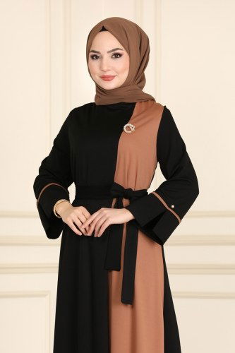 moda selvim 2433SL432 بلاك اند بسكويت فستان - Thumbnail