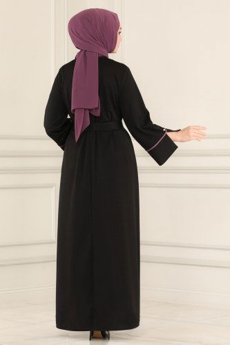 moda selvim 2433SL432 اسود&ارجواني فاتح فستان - Thumbnail