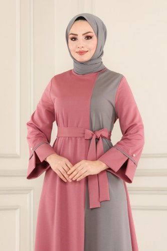 moda selvim Dress 2433SL432 Dusty Rose&Gray - Thumbnail