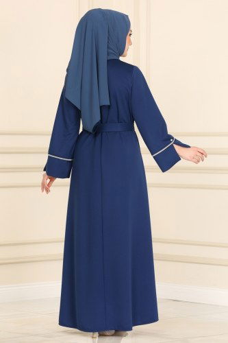 moda selvim Dress 2433SL432 Indigo&Light Brown - Thumbnail