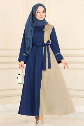 moda selvim Dress 2433SL432 Indigo&Light Brown - Thumbnail