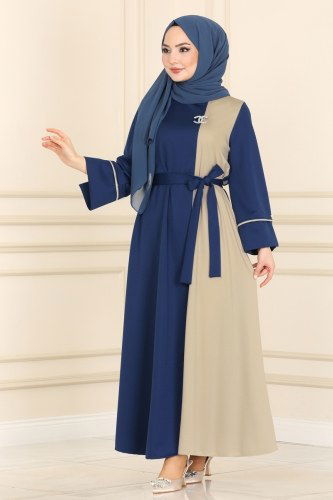 moda selvim 2433SL432 ياقوتي&البيج فستان - Thumbnail