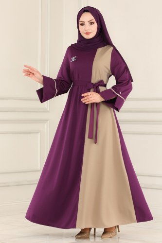 moda selvim 2433SL432 البرقوق والرؤية فستان - Thumbnail