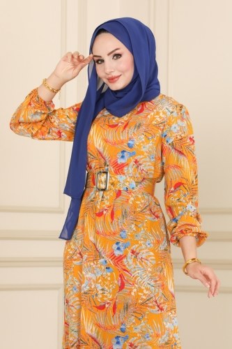 moda selvim 2447SVT808 خردلي فستان - Thumbnail