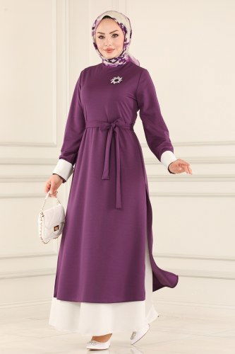 moda selvim Dress 2453SL432 Dark Lilac&Ecru - Thumbnail