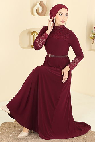 moda selvim Dress 2460ANT466 Burgundy - Thumbnail