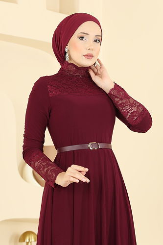 moda selvim Dress 2460ANT466 Burgundy - Thumbnail