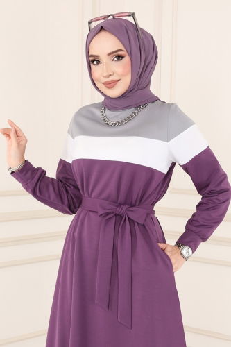 moda selvim Dress 2492SL432 Gray & Dark Lilac - Thumbnail