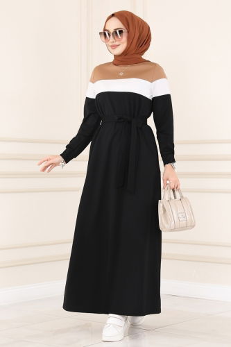 moda selvim Dress 2492SL432 Latte & Black - Thumbnail