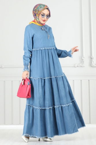 moda selvim الفستان جينز فاتح 25018MTS1094 - Thumbnail