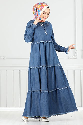 moda selvim Dress 25018MTS1095-M Denim - Thumbnail