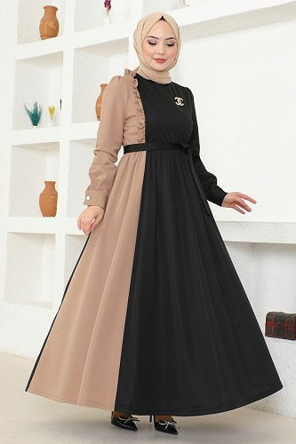 moda selvim 2501SL432 اسود & بيج فستان - Thumbnail
