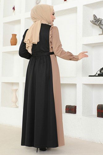 moda selvim 2501SL432 اسود & بيج فستان - Thumbnail