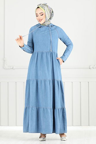 moda selvim الفستان جينز فاتح 25026MTS1095-M - Thumbnail