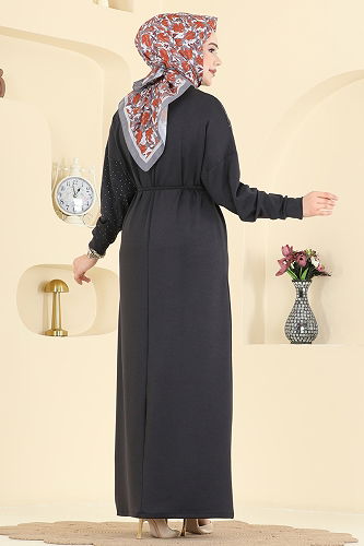 moda selvim الفستان رمادي غامق 2604ERK1158 - Thumbnail