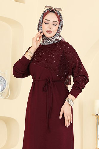 moda selvim Dress 2604ERK1158 Burgundy - Thumbnail