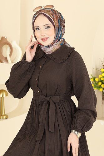 moda selvim الفستان بني 2610TPK1167 - Thumbnail