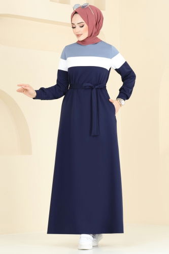 moda selvim Dress 2614SL432 Baby Blue & Navy Blue - Thumbnail