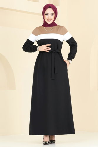 moda selvim Dress 2614SL432 Latte & Black - Thumbnail