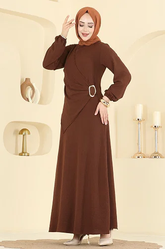 moda selvim الفستان بني 2638MSZ1172 - Thumbnail