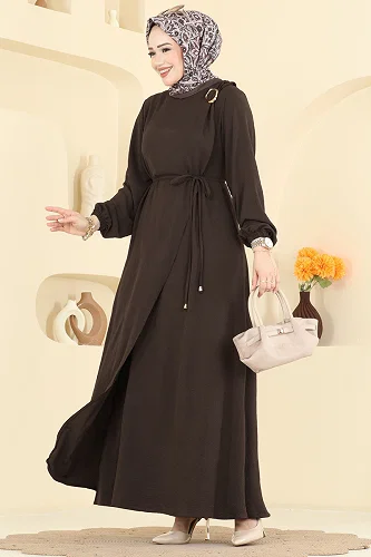 moda selvim الفستان بني غامق 2661MSZ1172 - Thumbnail