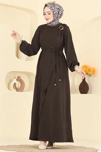 moda selvim الفستان بني غامق 2661MSZ1172 - Thumbnail
